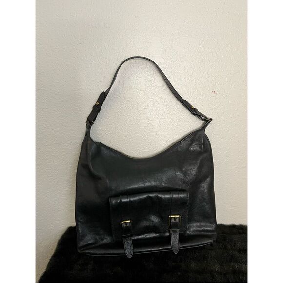 FOSSIL Black Leather Zip Hobo Shoulder Bag Front Double Buckle Flap Pocket - Picture 1 of 5